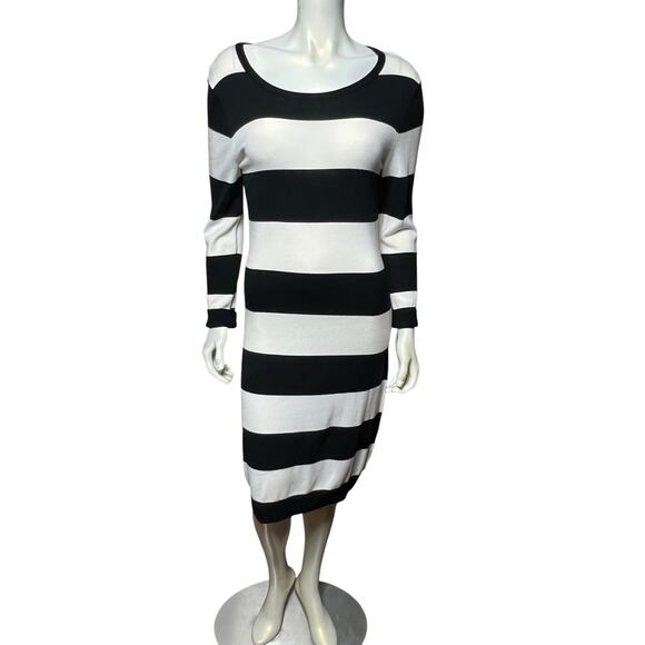 Chelsea & Theodore Bold Black White Striped Midi Dress Size L Sweater - Picture 1 of 7